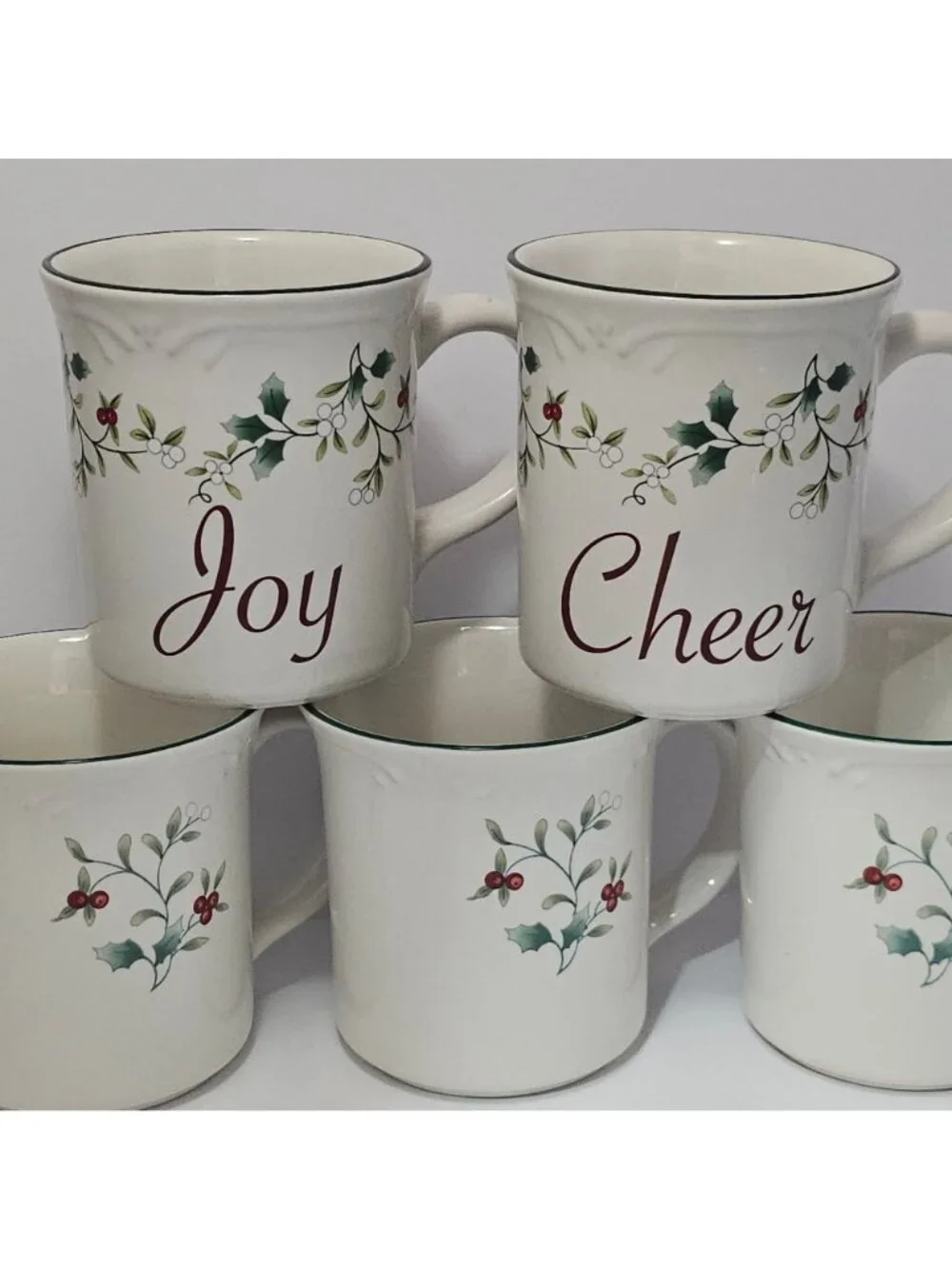 5 Pfaltzgraff Winterberry Mugs Holiday Joy Cheer Dishwasher Microwave Safe 12oz - Picture 2 of 6